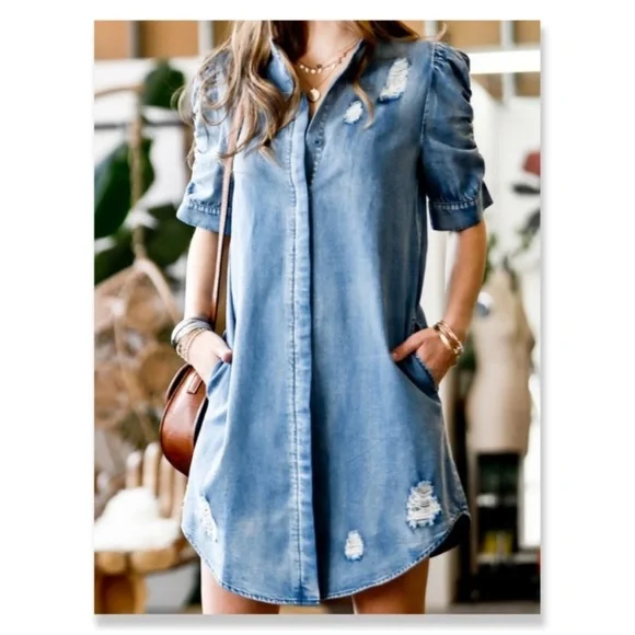 white christmas dresses ON THE EDGE DISTRESSED DENIM MAXI DRESS – AKIRA main image 1